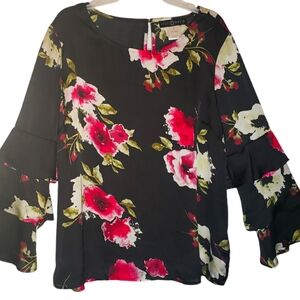 Fred David lg floral print layered bell sleeves polyester pullover blouse. 5046
